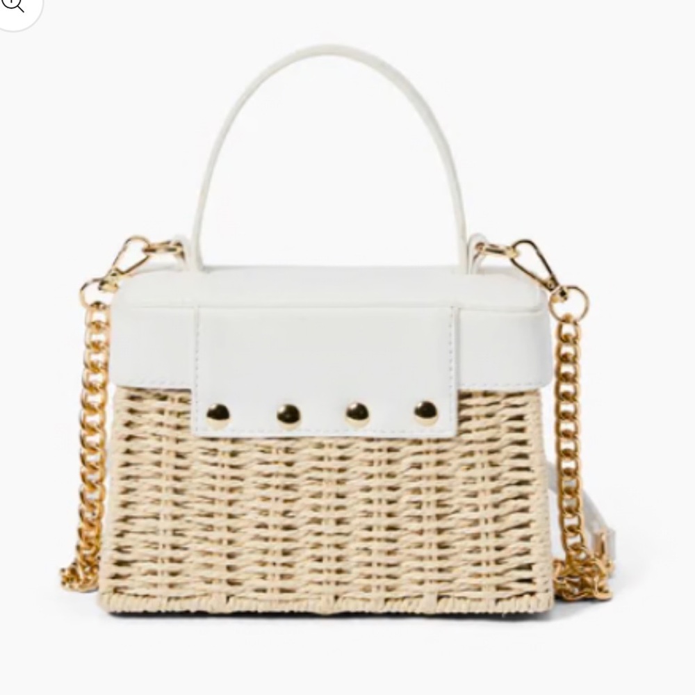 White & Natural Woven Crossbody Bag with Gold Chain - Picture 3 of 4